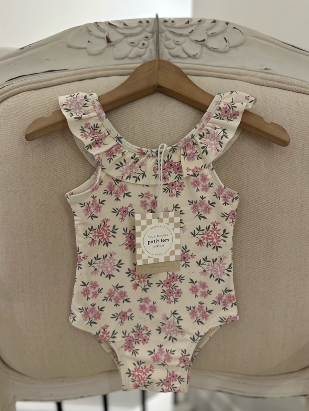 🤍 12~18 Mth Petit Lem Pink Ditsy Floral Ivory One Piece Ruffle Baby Swimsuit NWT